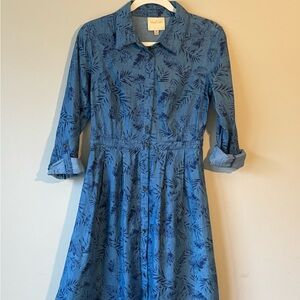 Modcloth Blue Leaf Print Long Sleeve Dress